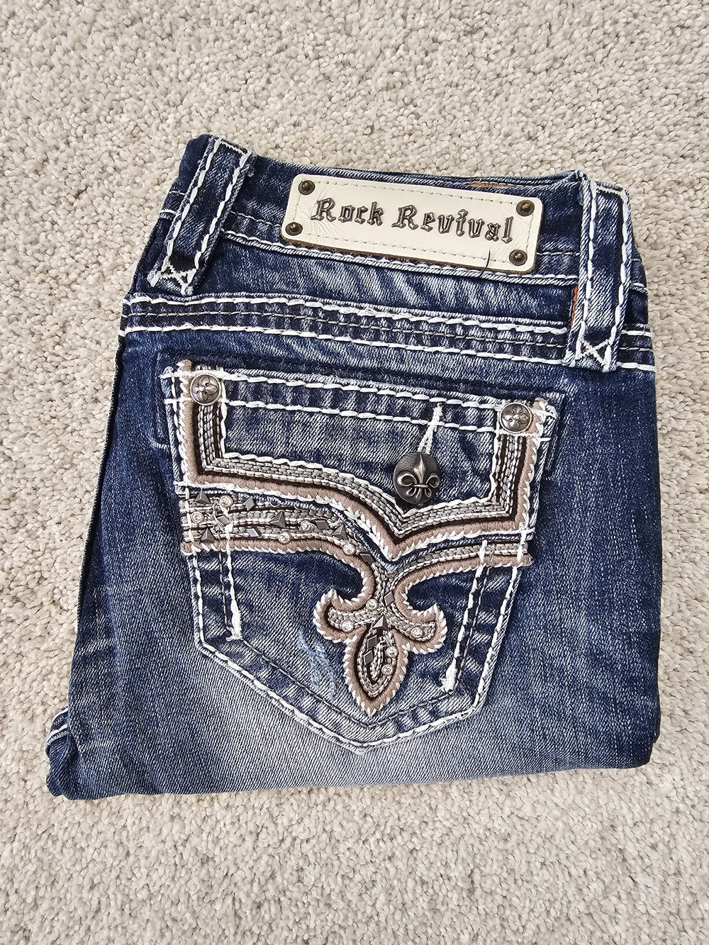 Rock Revival Women's Blue Denim Capris with Embroidered Pocket Size 27